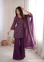 Crunchy Silk Embroidered Kurta Set with Dupatta and Bell Bottom Pant