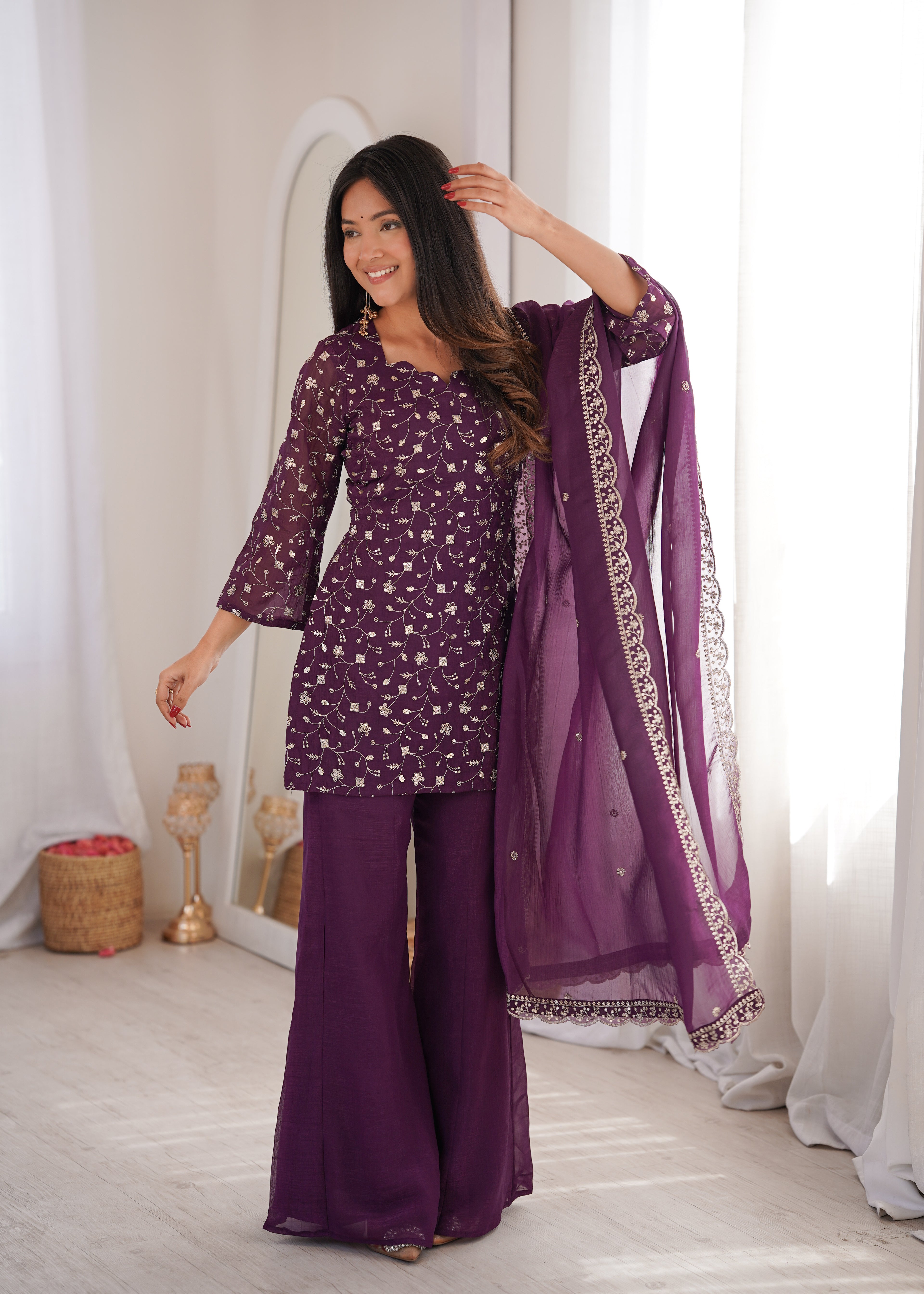 Crunchy Silk Embroidered Kurta Set with Dupatta and Bell Bottom Pant