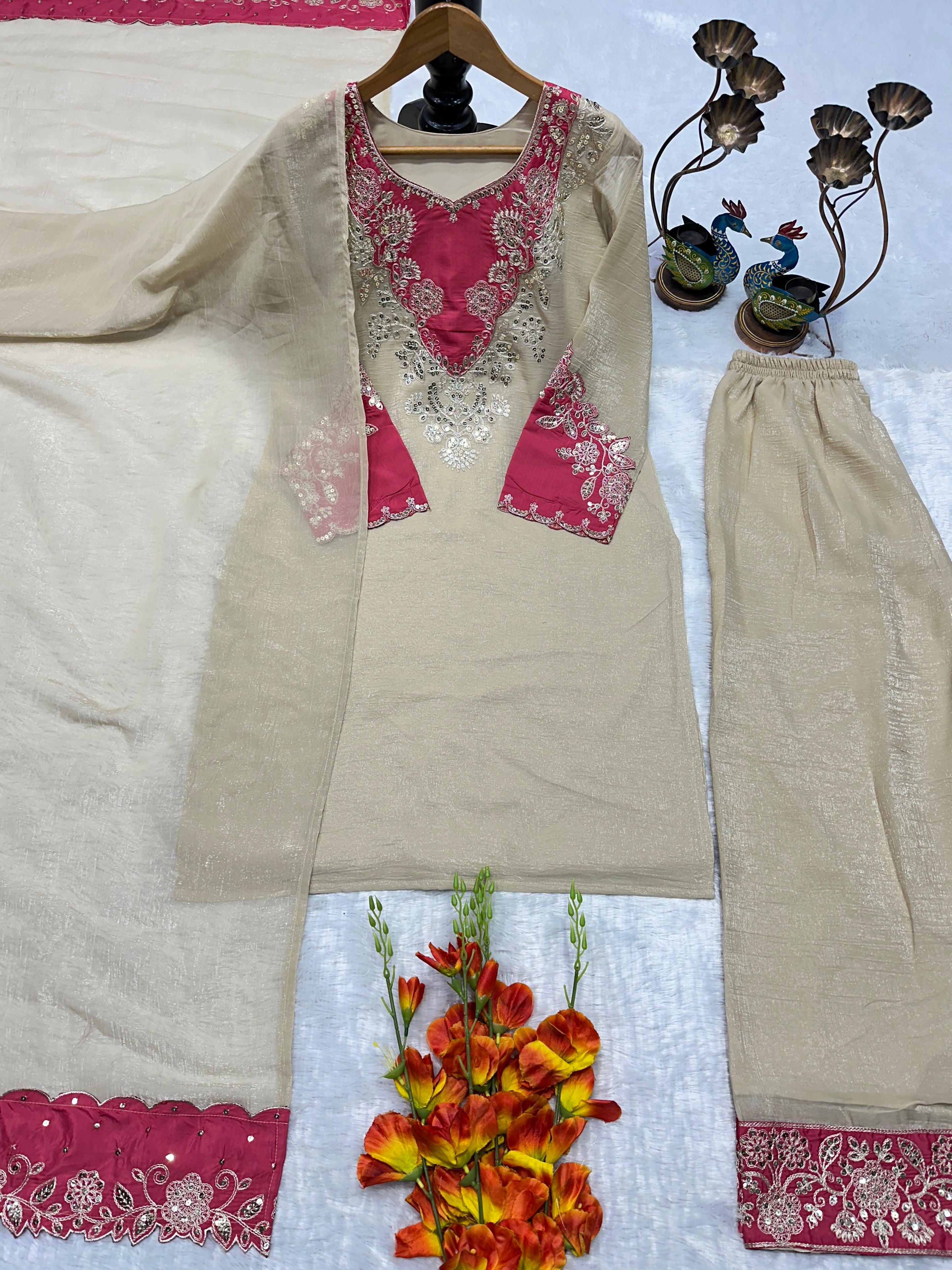 Silk Kurta Set with Pant Palazzo and Embroidered Dupatta