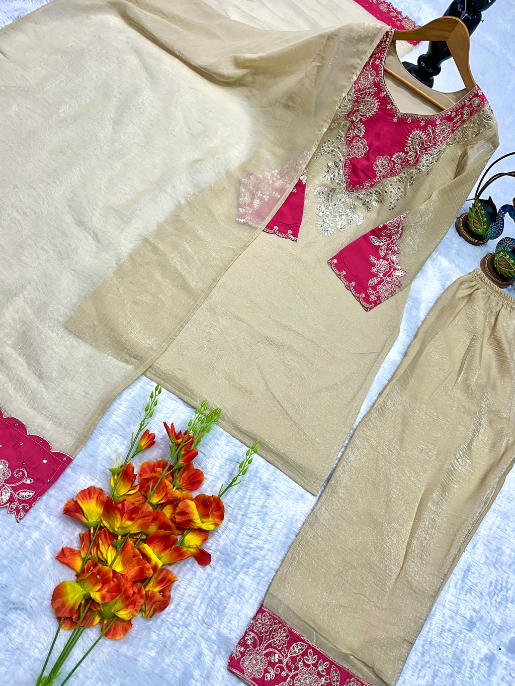 Silk Kurta Set with Pant Palazzo and Embroidered Dupatta