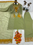 Silk Kurta Set with Pant Palazzo and Embroidered Dupatta