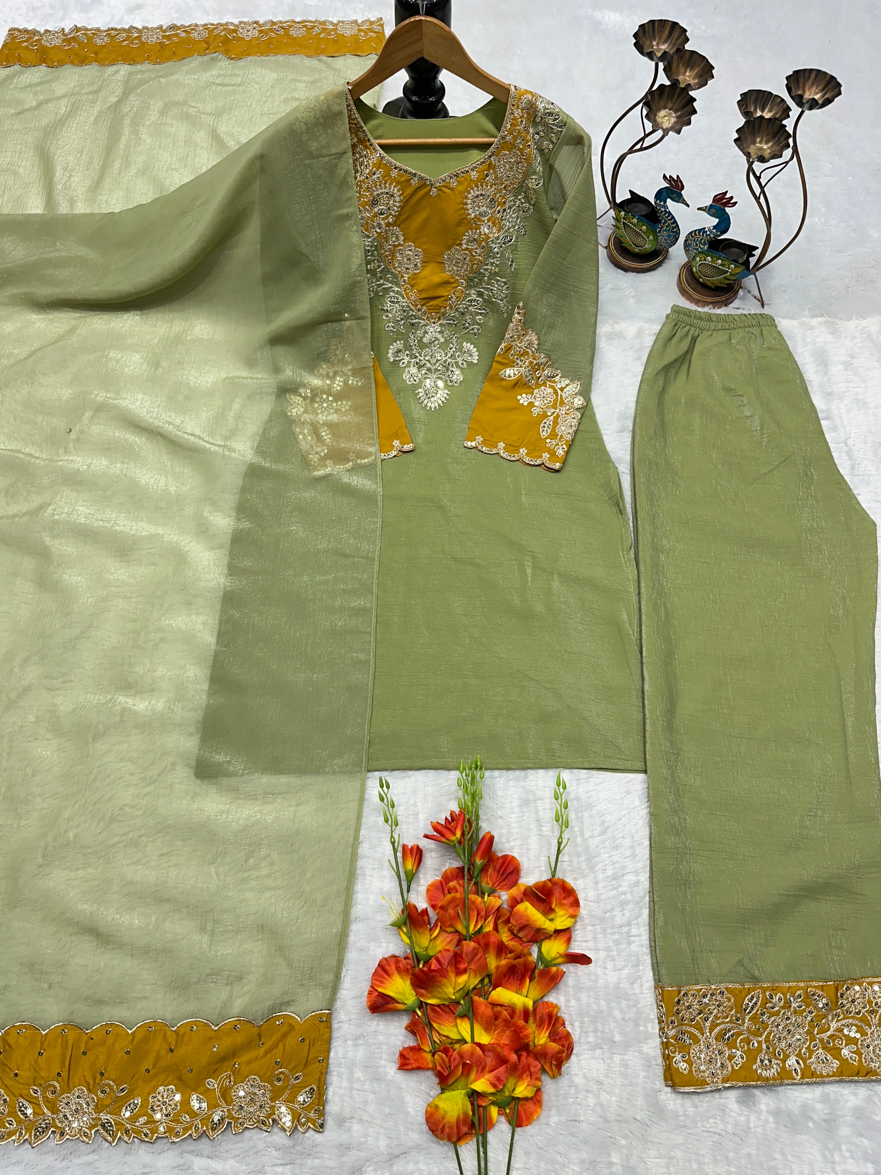 Silk Kurta Set with Pant Palazzo and Embroidered Dupatta