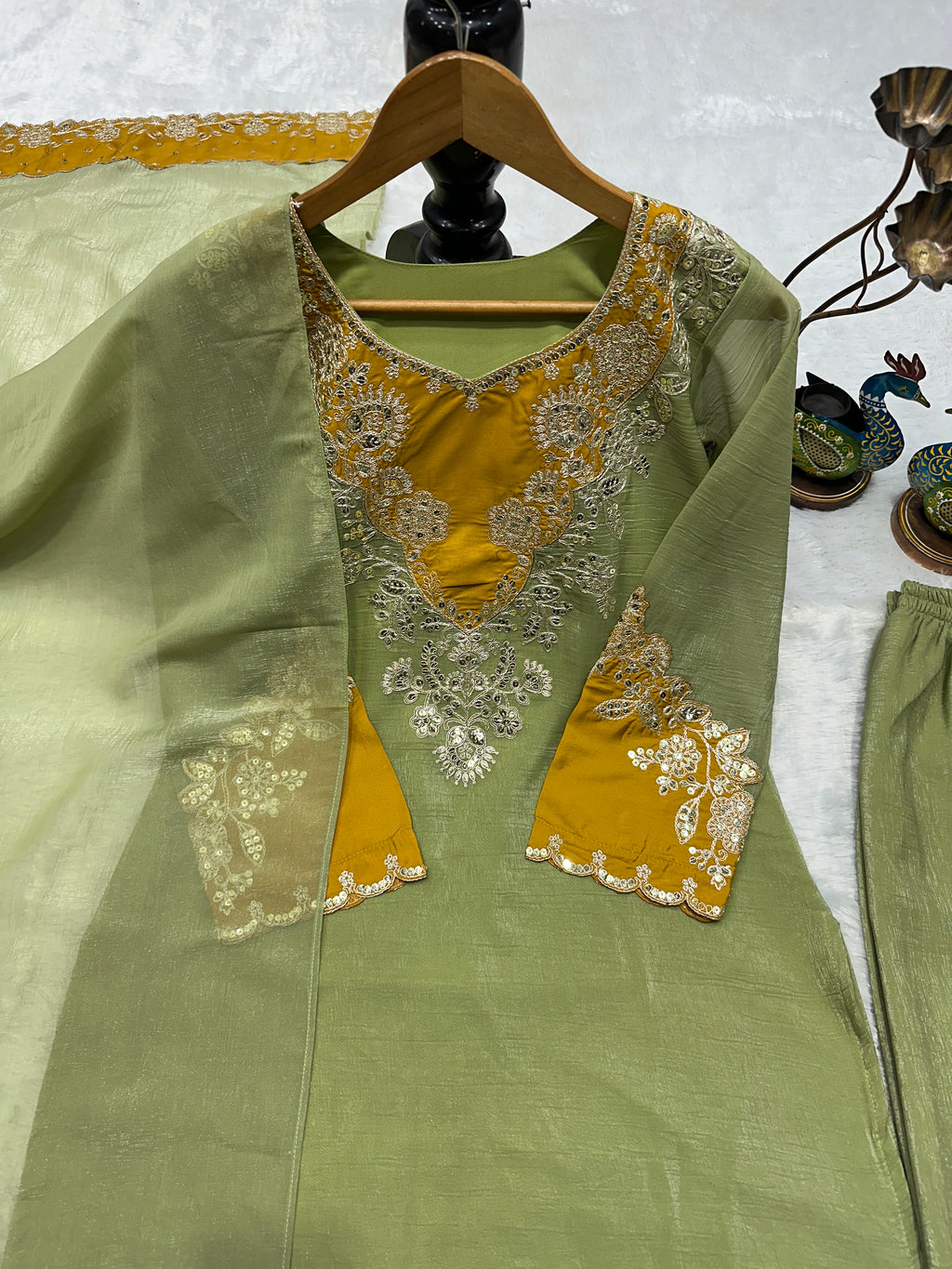 Silk Kurta Set with Pant Palazzo and Embroidered Dupatta