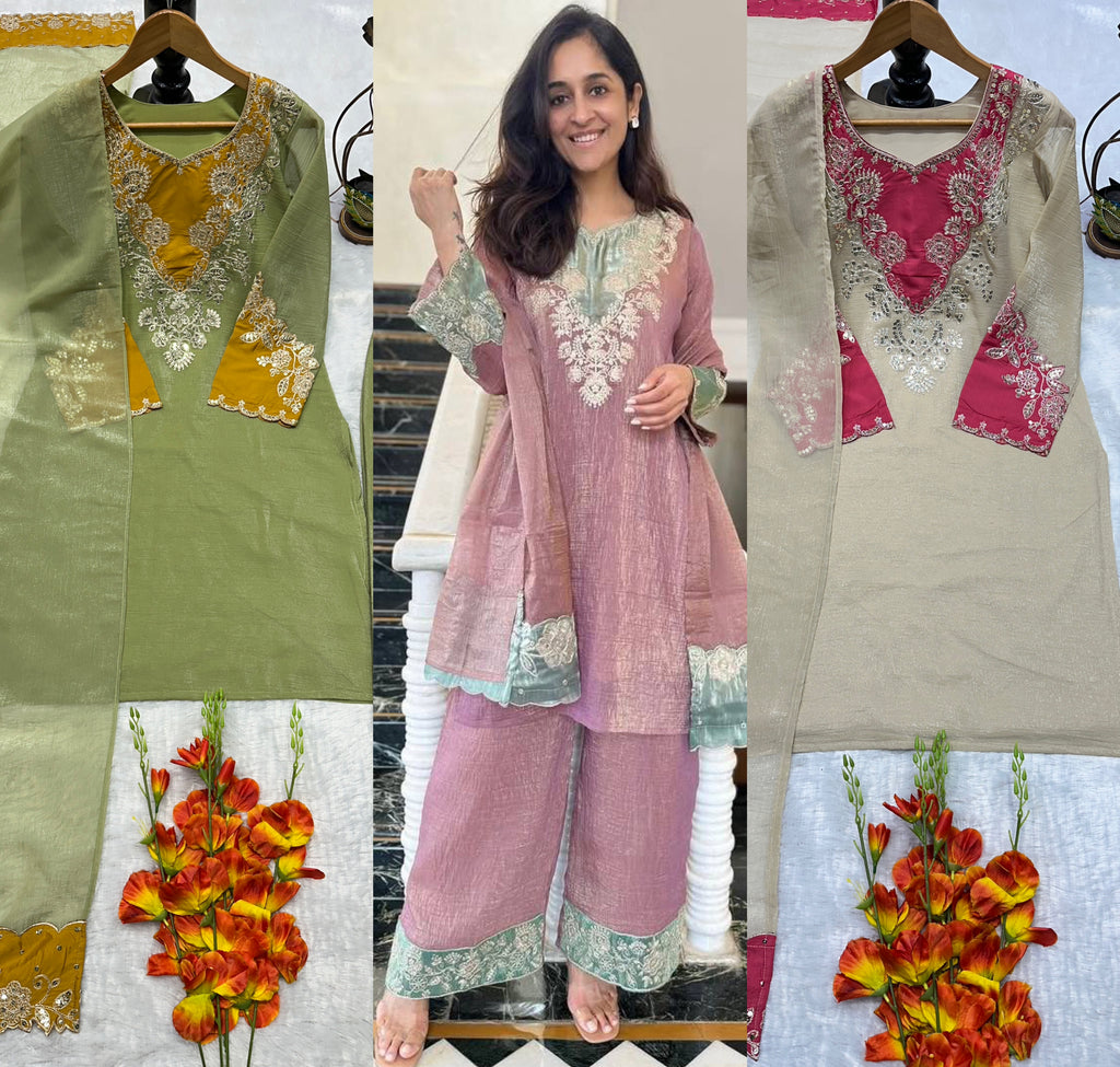 Silk Kurta Set with Pant Palazzo and Embroidered Dupatta