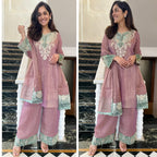 Silk Kurta Set with Pant Palazzo and Embroidered Dupatta