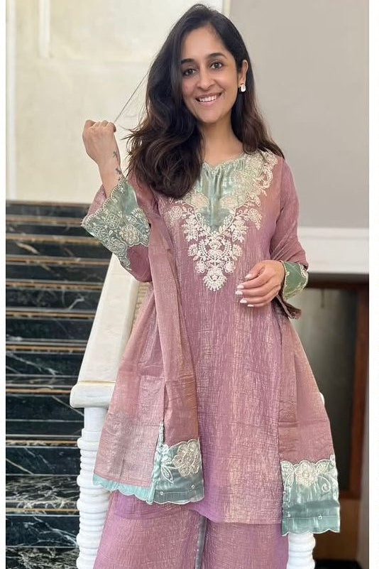 Silk Kurta Set with Pant Palazzo and Embroidered Dupatta