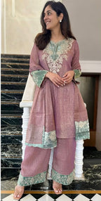 Silk Kurta Set with Pant Palazzo and Embroidered Dupatta