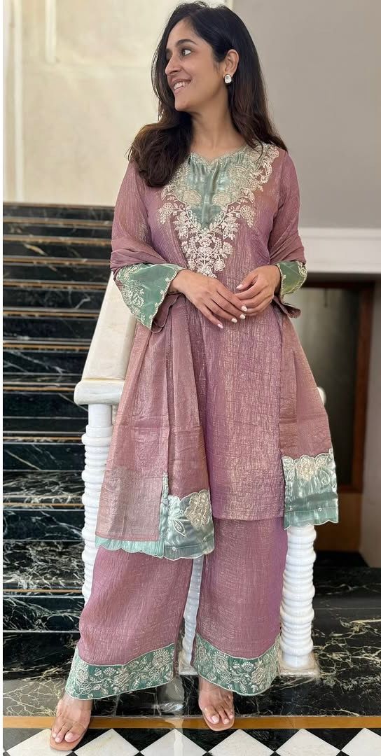 Silk Kurta Set with Pant Palazzo and Embroidered Dupatta