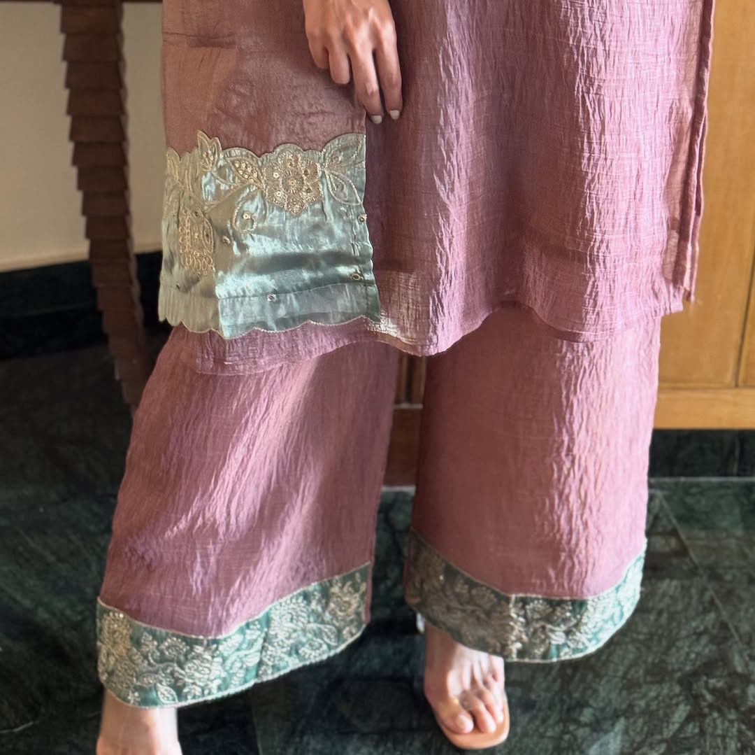 Silk Kurta Set with Pant Palazzo and Embroidered Dupatta