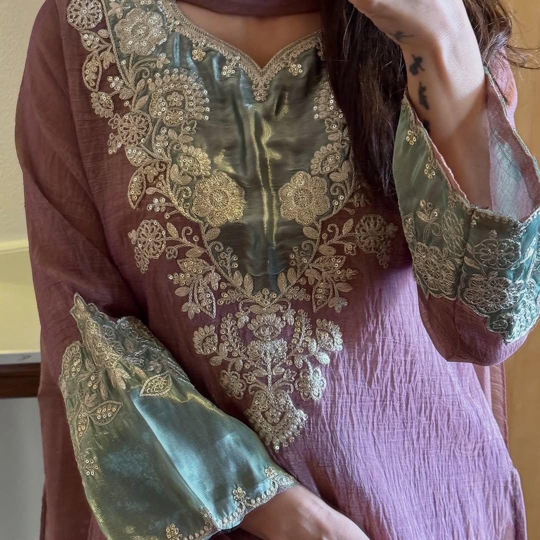 Silk Kurta Set with Pant Palazzo and Embroidered Dupatta