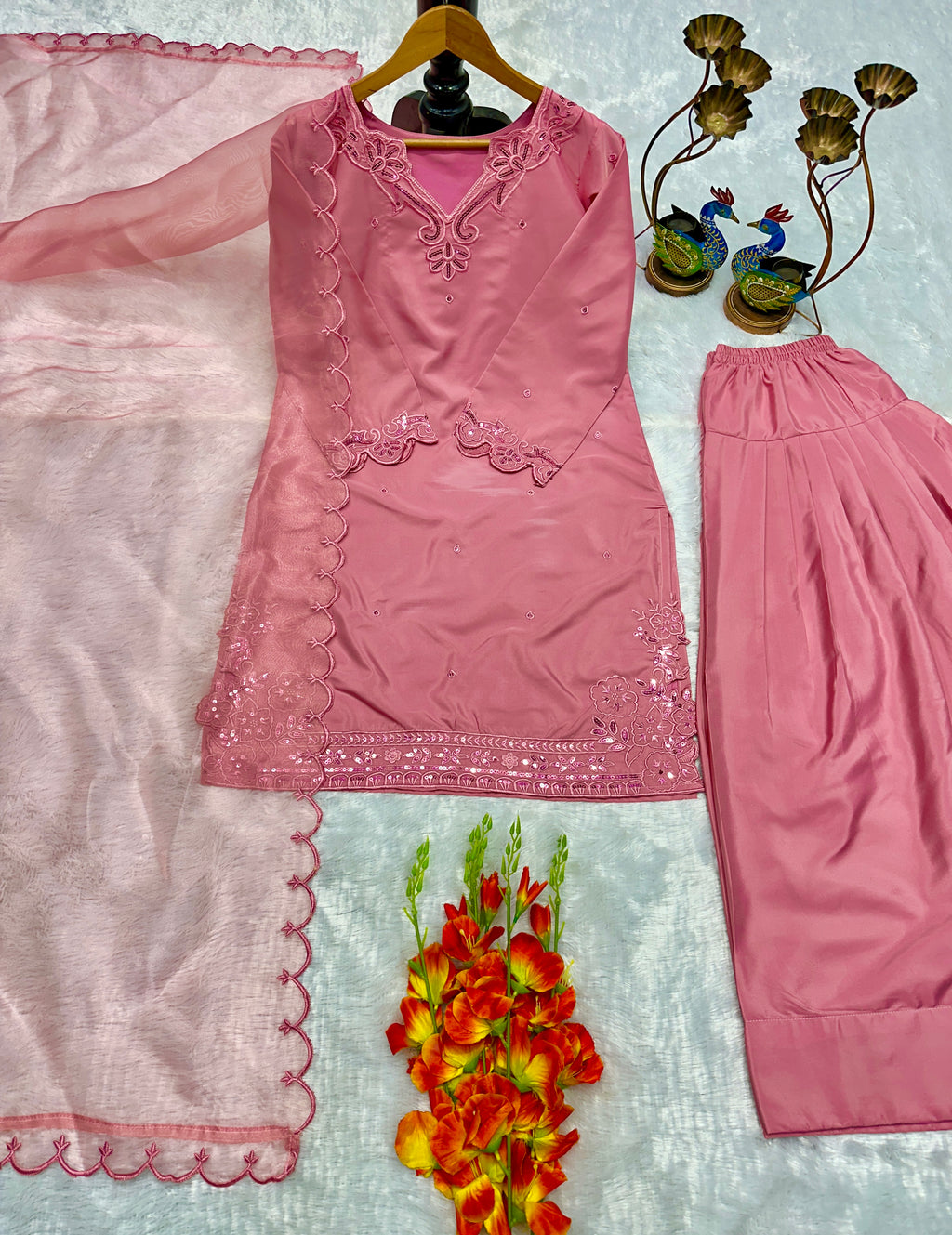 Kurta Set with Farsi Salwar and Organza Silk Dupatta