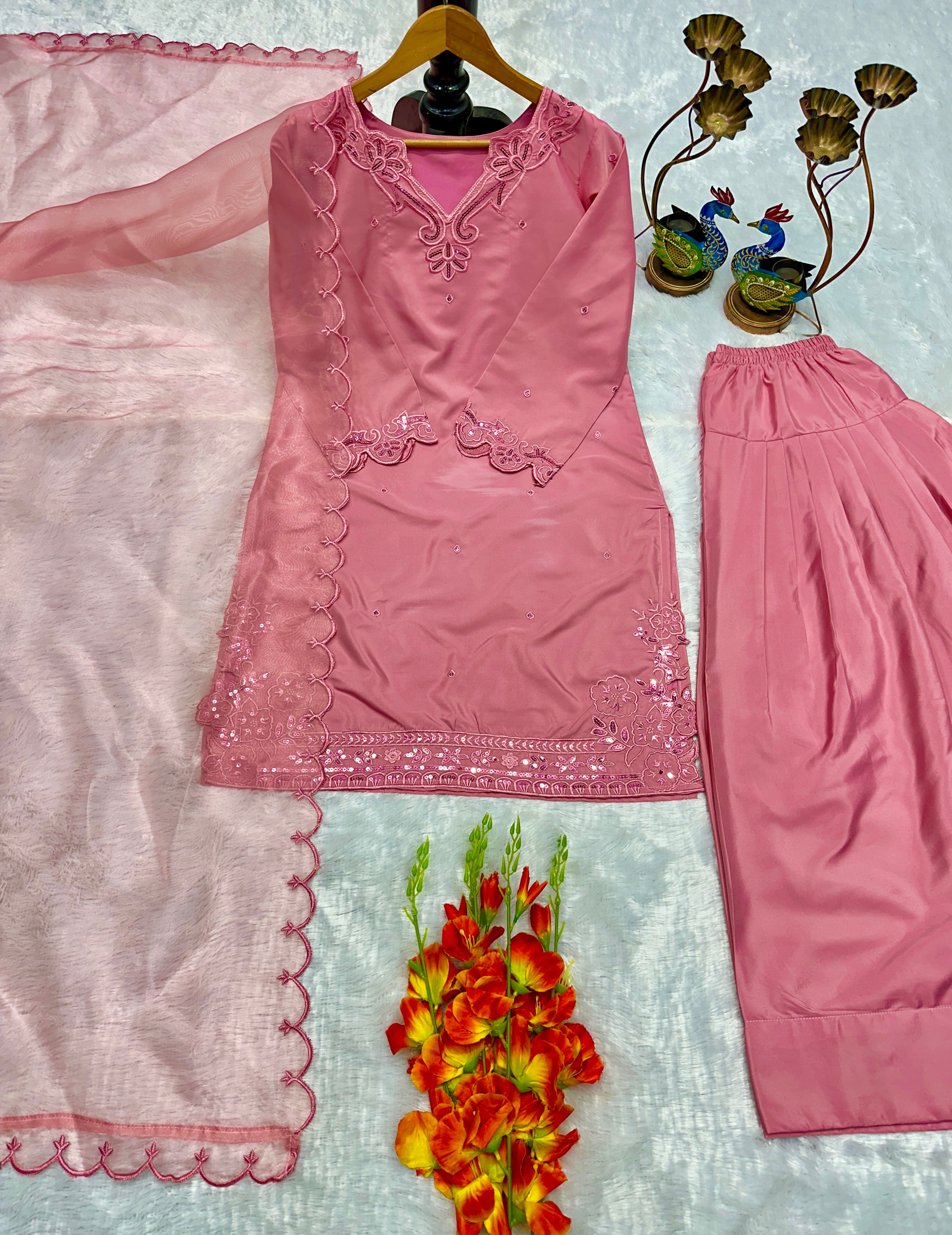 Kurta Set with Farsi Salwar and Organza Silk Dupatta