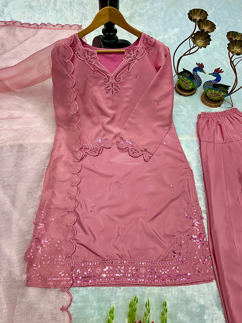 Kurta Set with Farsi Salwar and Organza Silk Dupatta