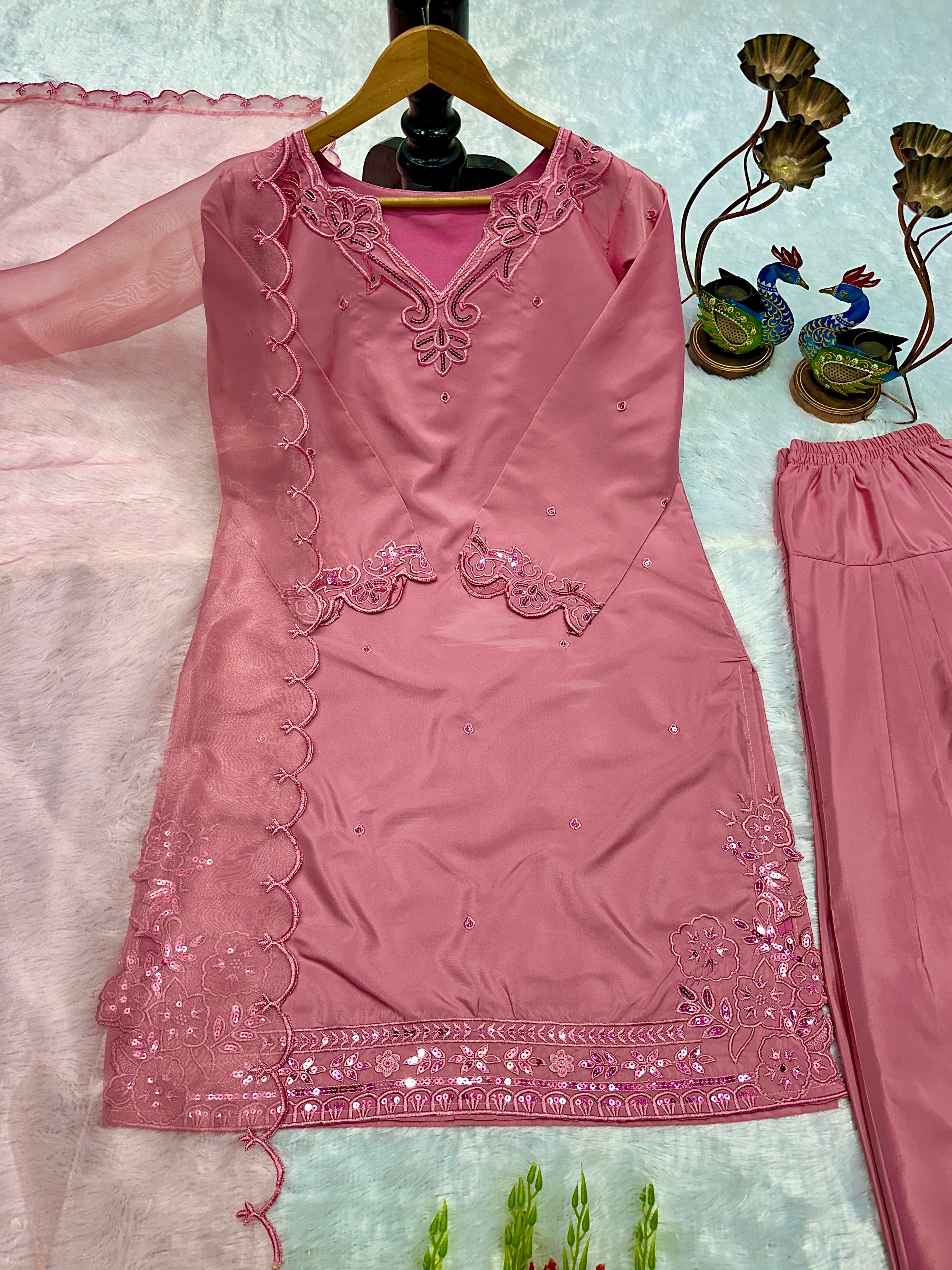 Kurta Set with Farsi Salwar and Organza Silk Dupatta