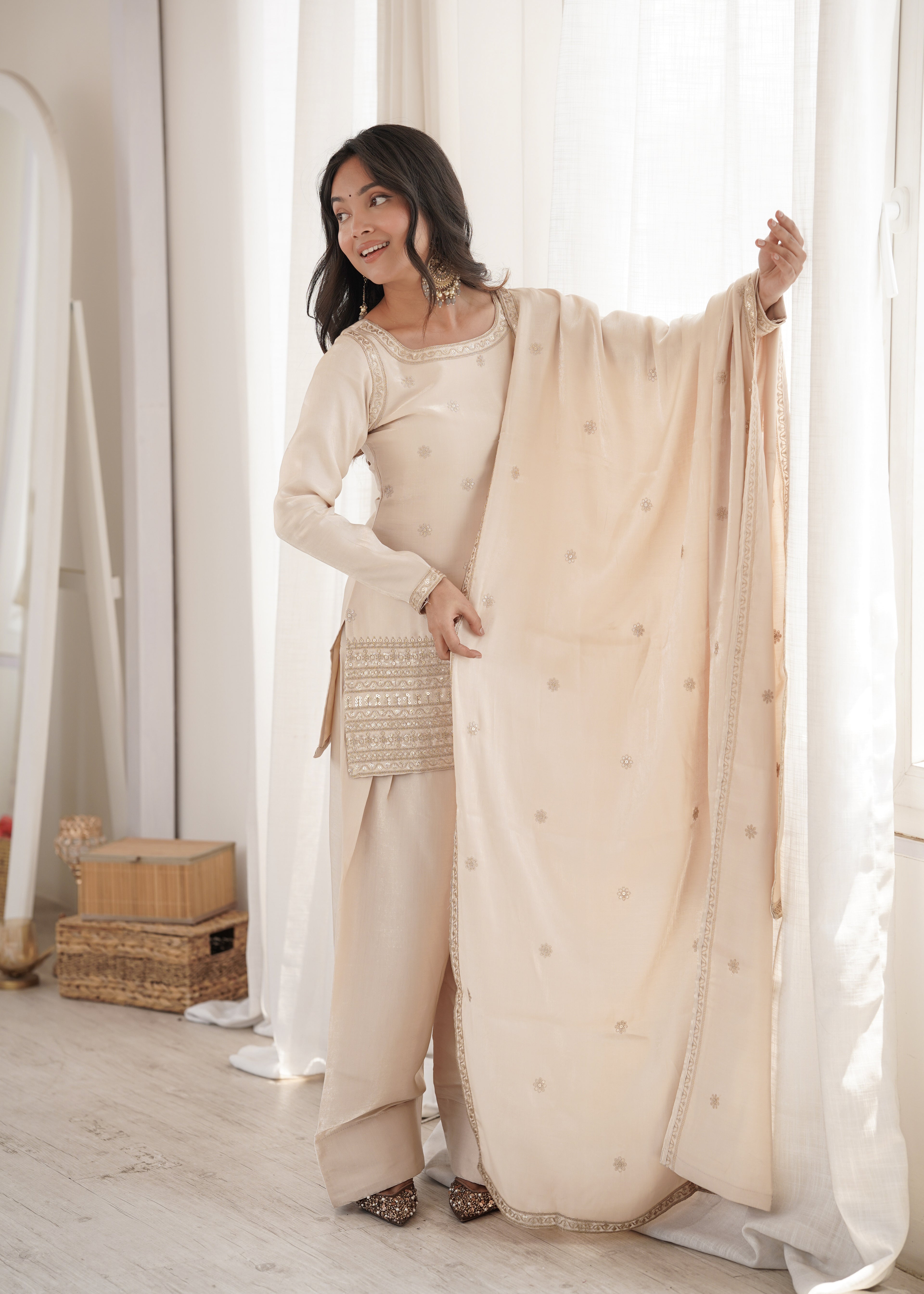 Party Wear Glass Roman Silk Farshi Salwar Suit with Dupatta