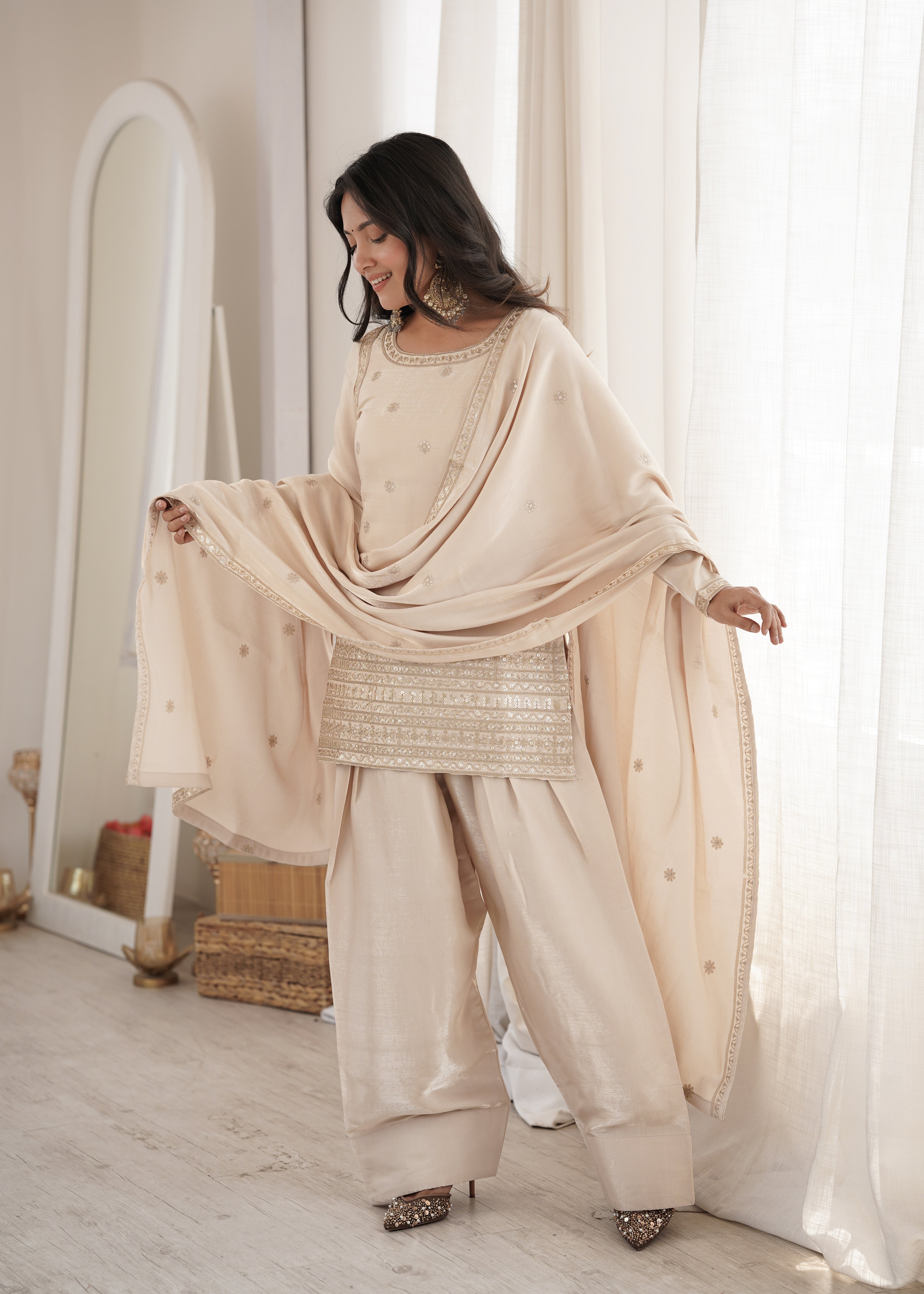 Party Wear Glass Roman Silk Farshi Salwar Suit with Dupatta