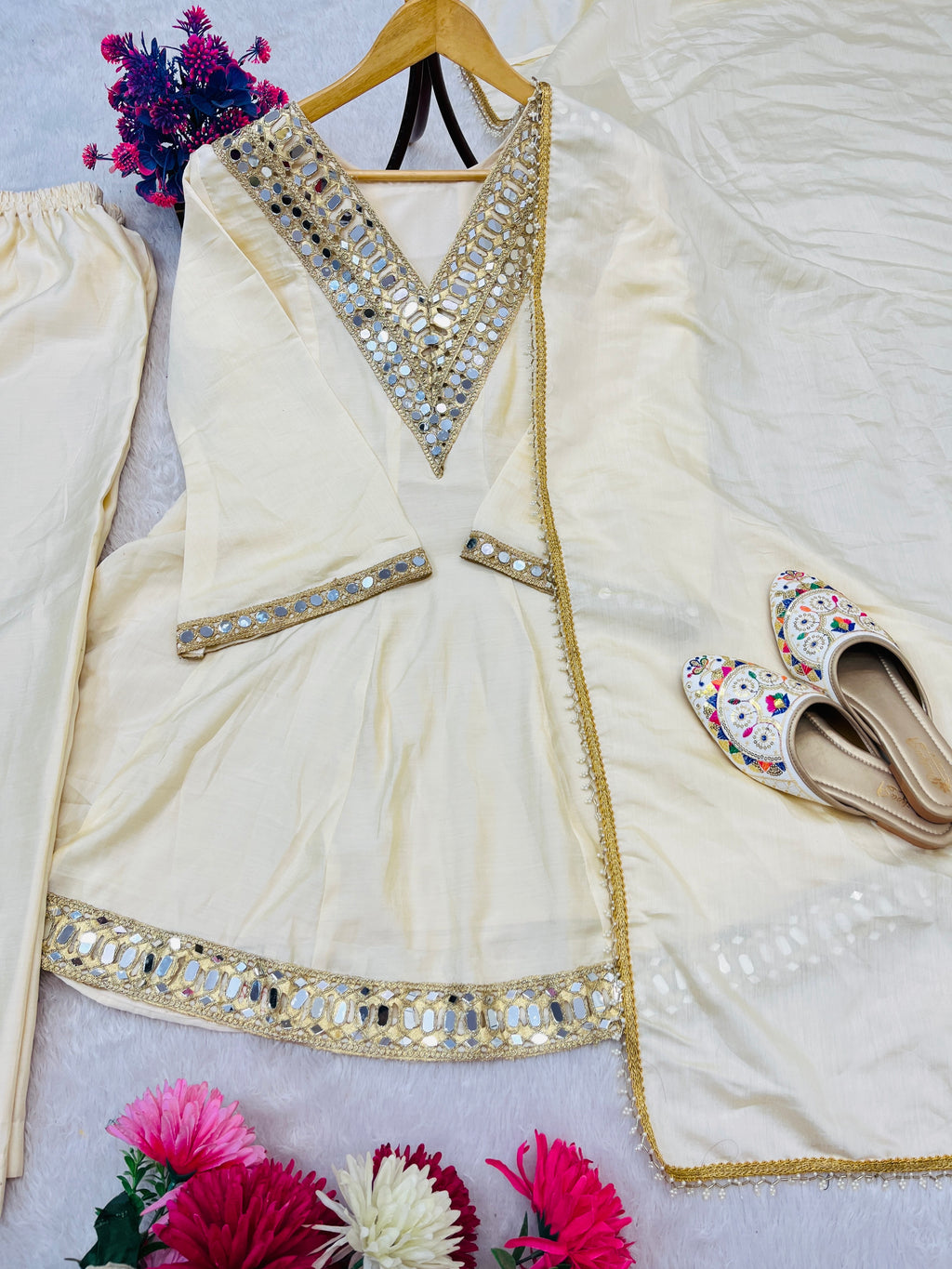 REAL MIRROR WORK ON SILK FABRIC TOP AND PLAZZO WITH DUPATTA SET