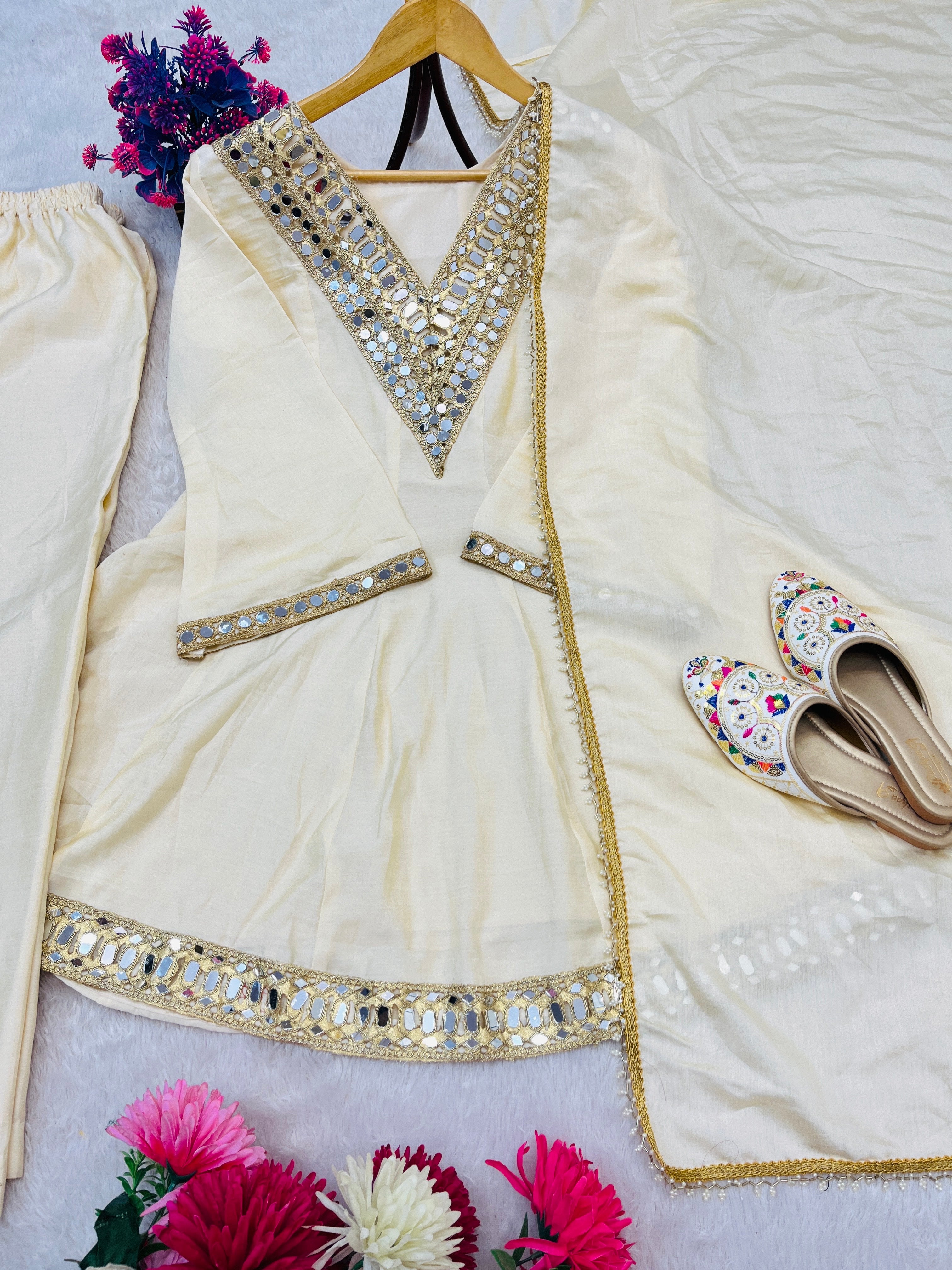 REAL MIRROR WORK ON SILK FABRIC TOP AND PLAZZO WITH DUPATTA SET