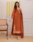 Orange Cotton Blend Embroidered Kurti with Pant & Dupatta Set for Women