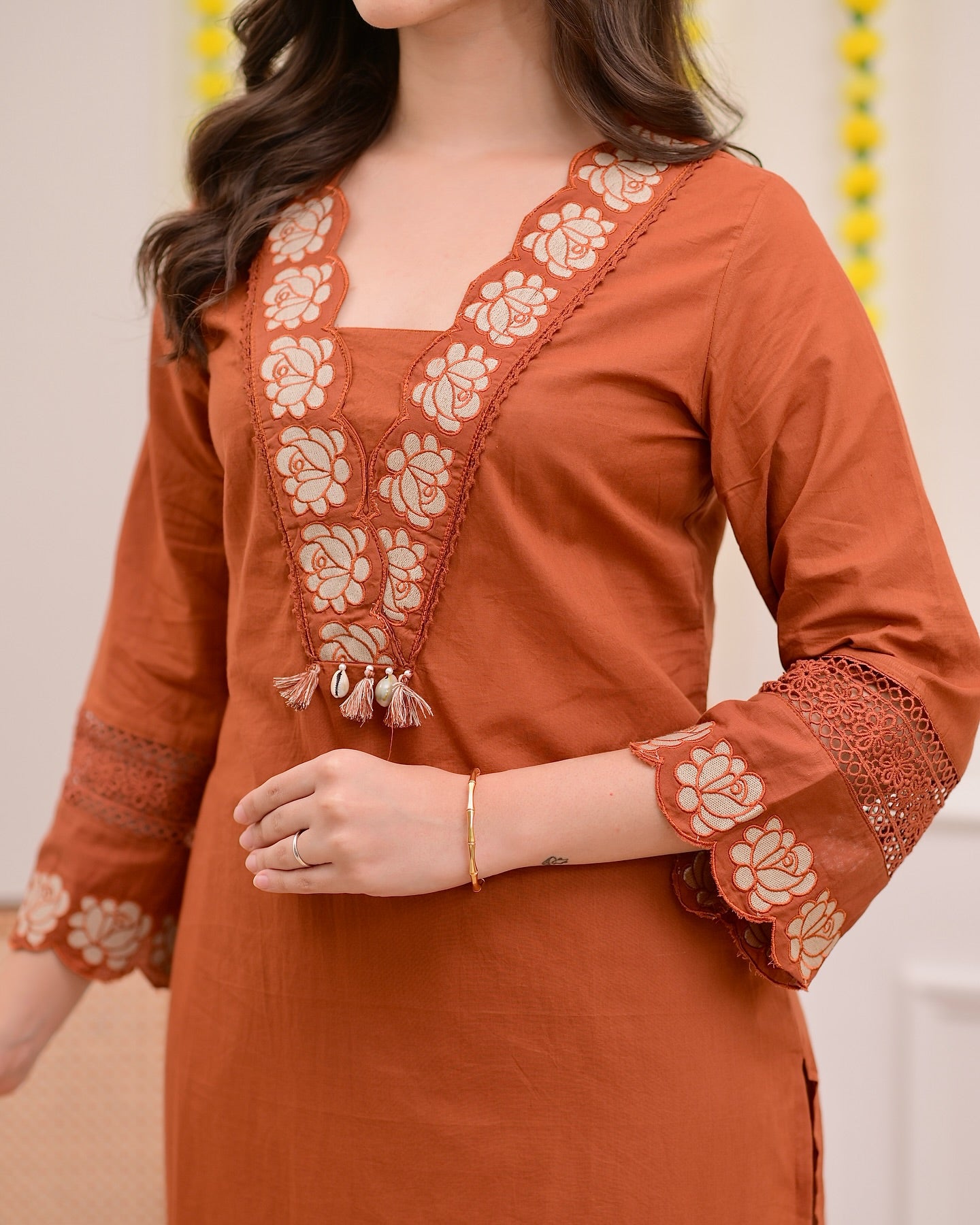 Orange Cotton Blend Embroidered Kurti with Pant & Dupatta Set for Women