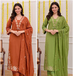 Orange Cotton Blend Embroidered Kurti with Pant & Dupatta Set for Women