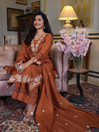 Orange Cotton Blend Embroidered Kurti with Pant & Dupatta Set for Women