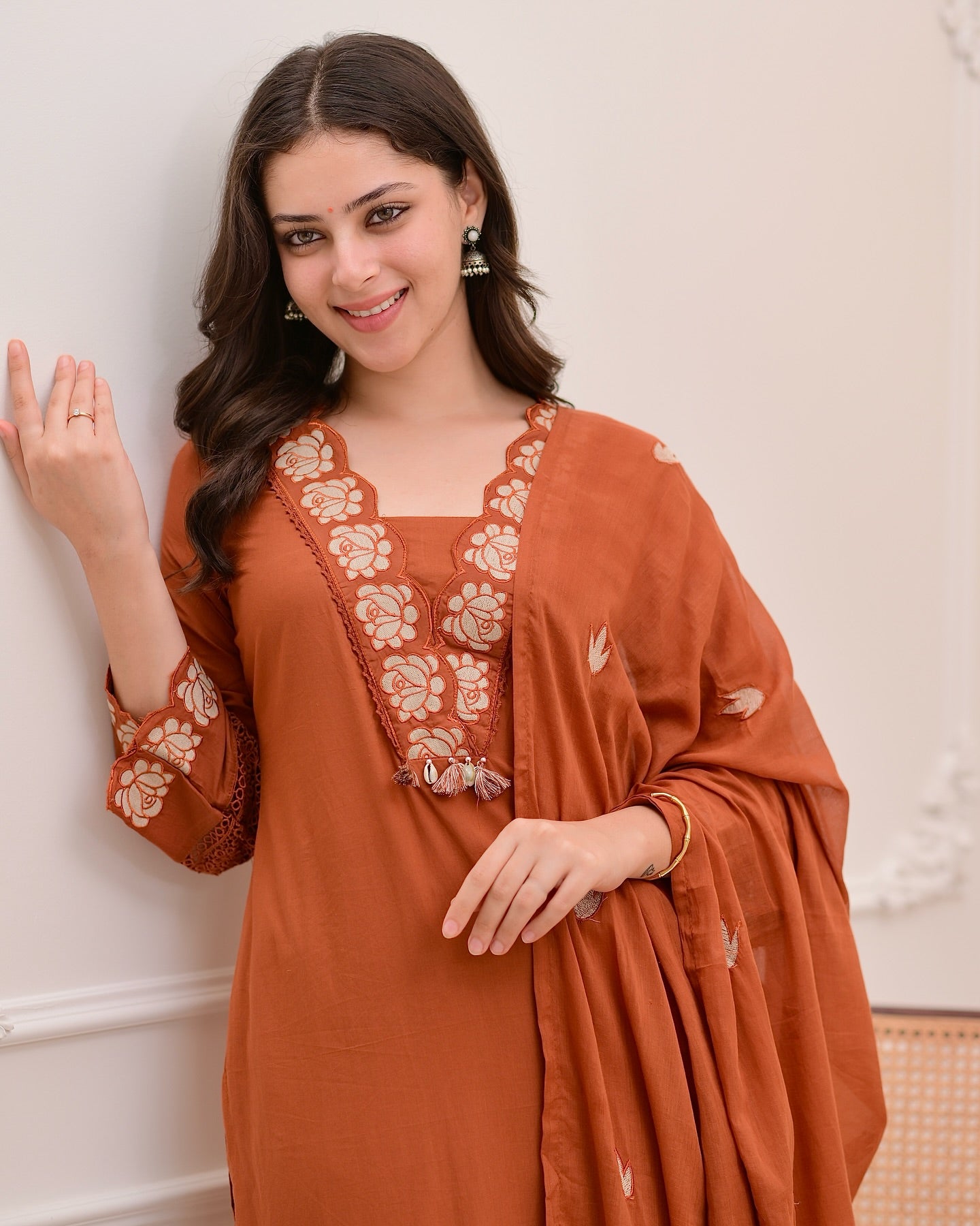 Orange Cotton Blend Embroidered Kurti with Pant & Dupatta Set for Women