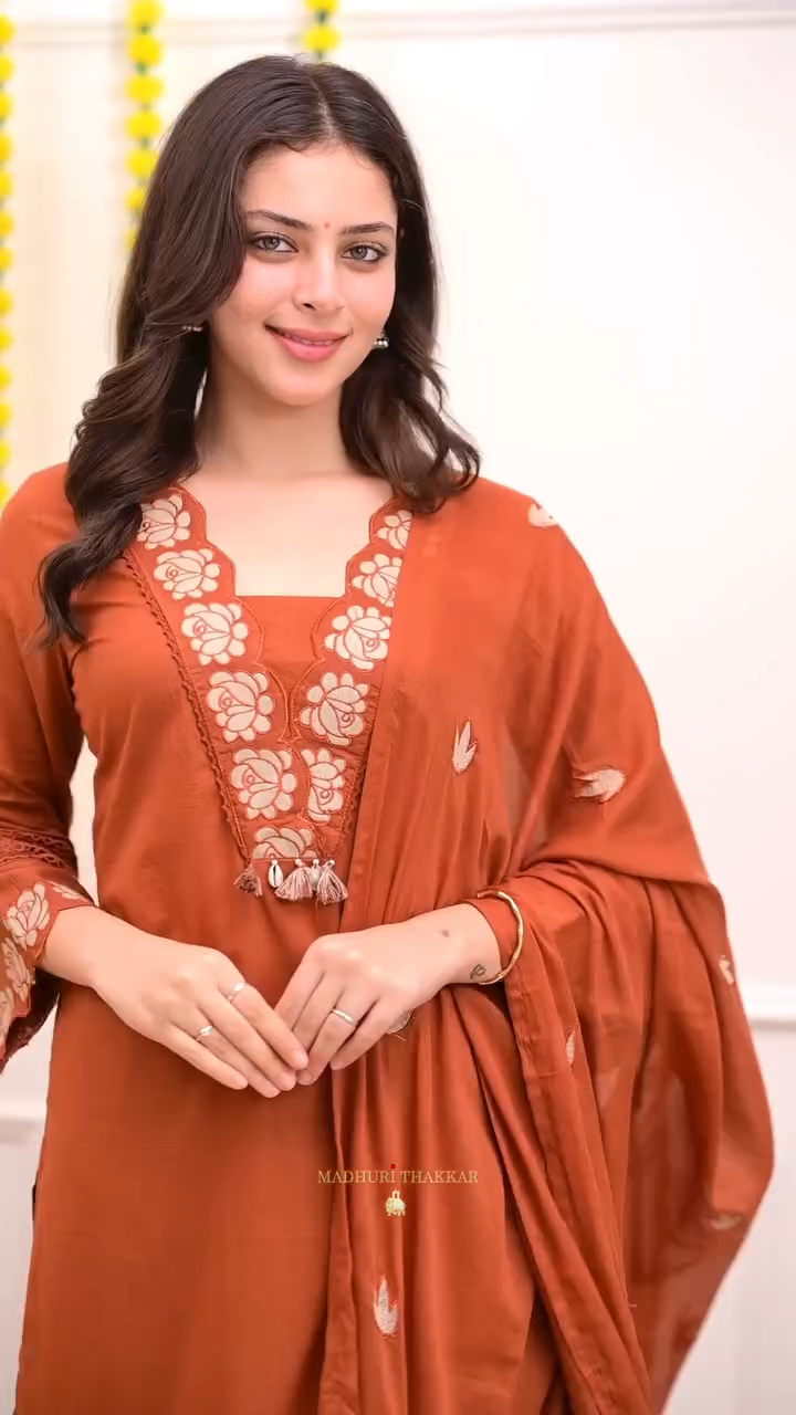 Orange Cotton Blend Embroidered Kurti with Pant & Dupatta Set for Women