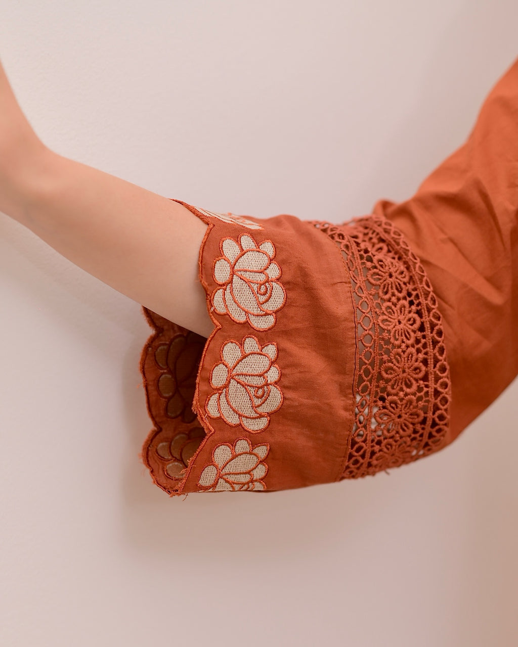 Orange Cotton Blend Embroidered Kurti with Pant & Dupatta Set for Women