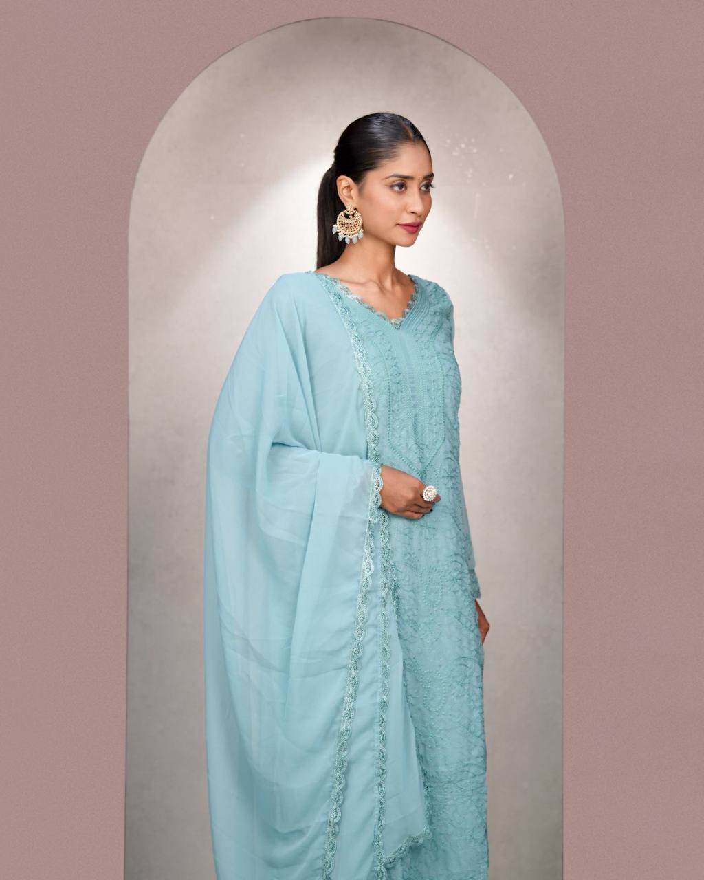 Sky Blue Faux Georgette Thread Embroidered Kurti Set with Pant & Dupatta for Women
