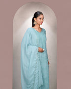 Sky Blue Faux Georgette Thread Embroidered Kurti Set with Pant & Dupatta for Women