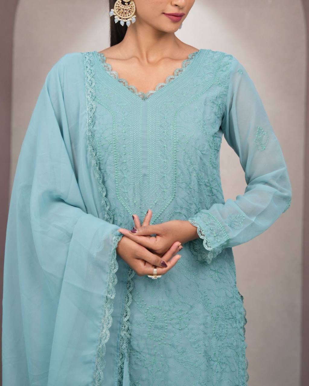 Sky Blue Faux Georgette Thread Embroidered Kurti Set with Pant & Dupatta for Women