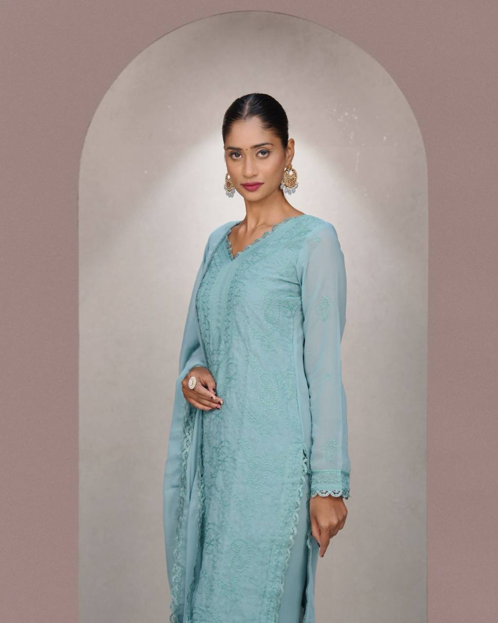 Sky Blue Faux Georgette Thread Embroidered Kurti Set with Pant & Dupatta for Women