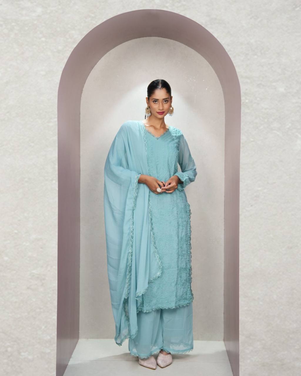 Sky Blue Faux Georgette Thread Embroidered Kurti Set with Pant & Dupatta for Women