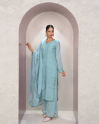 Sky Blue Faux Georgette Thread Embroidered Kurti Set with Pant & Dupatta for Women