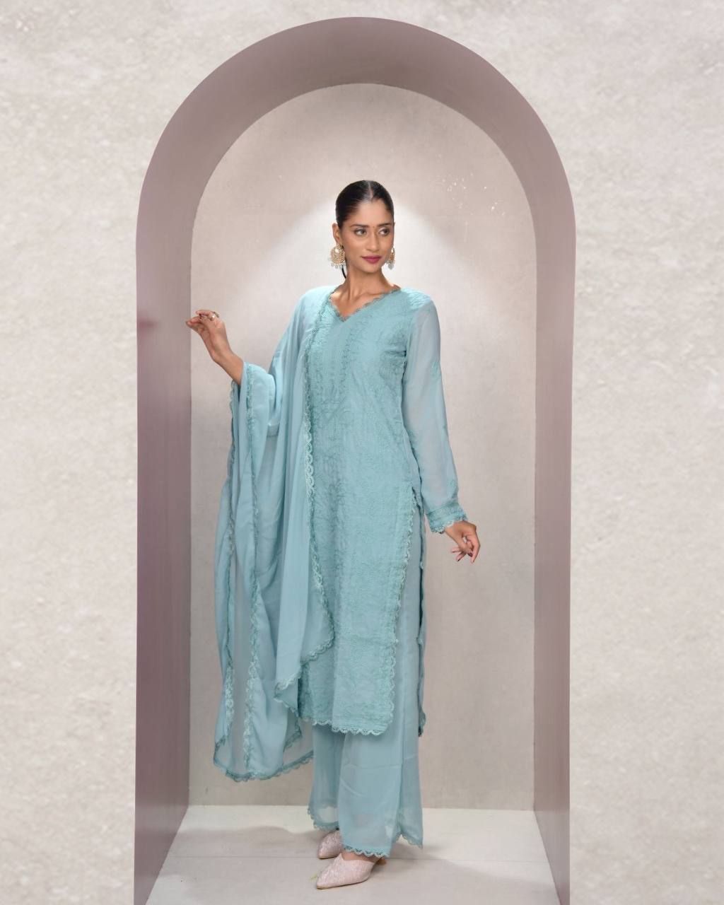 Sky Blue Faux Georgette Thread Embroidered Kurti Set with Pant & Dupatta for Women