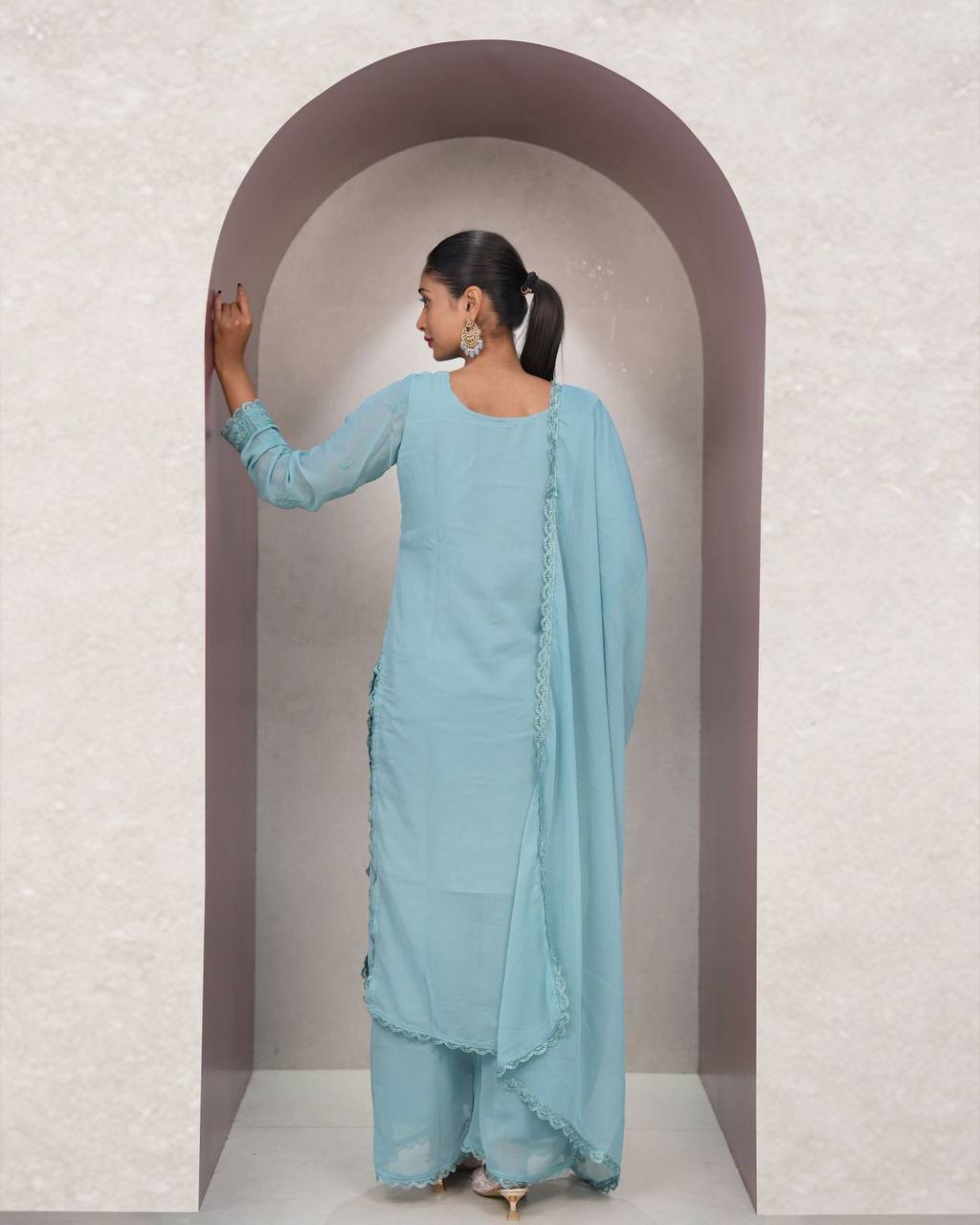 Sky Blue Faux Georgette Thread Embroidered Kurti Set with Pant & Dupatta for Women