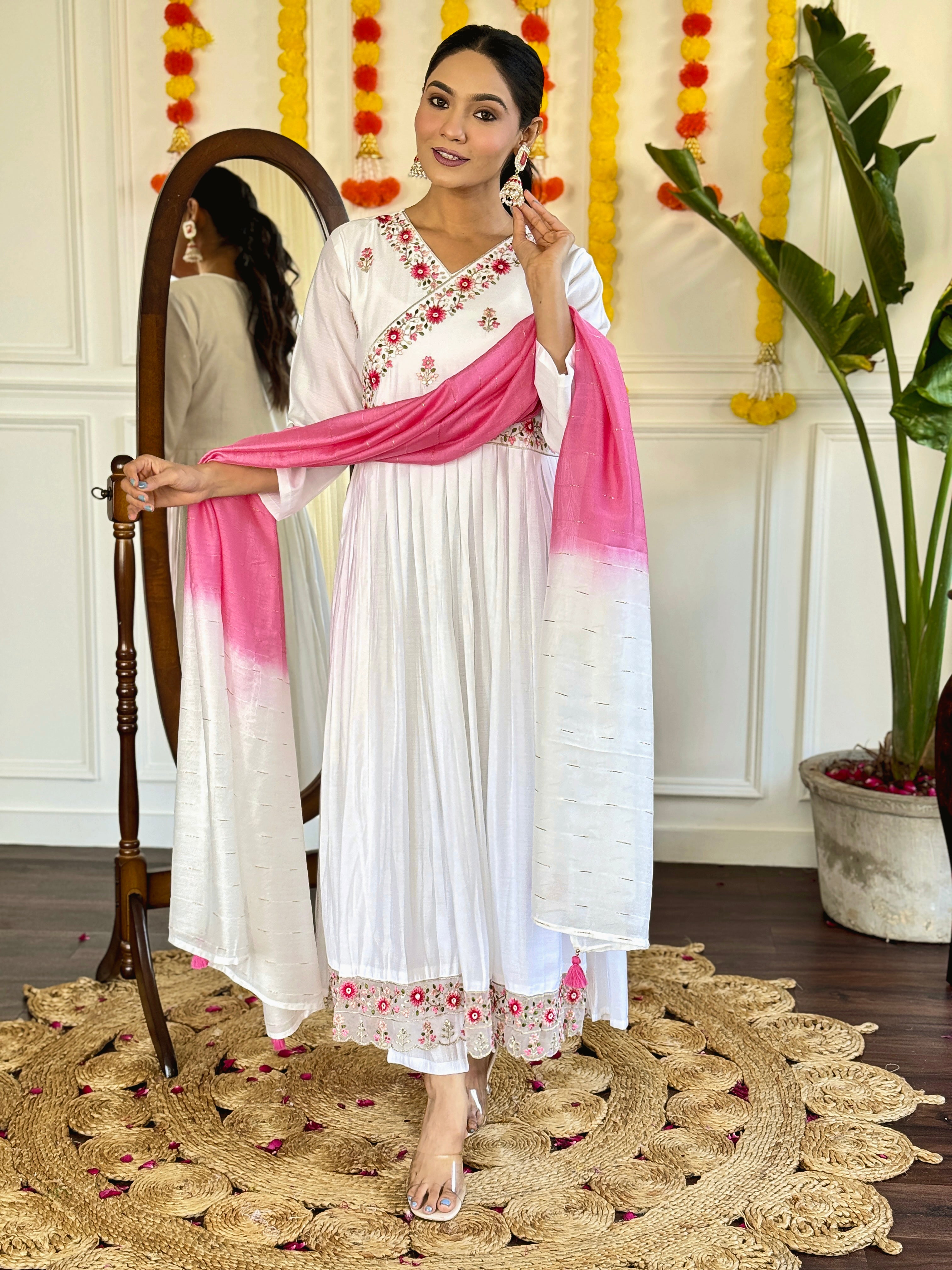 White Chanderi Embroidered Kurti Set with Pink Dupatta for Women