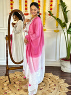White Chanderi Embroidered Kurti Set with Pink Dupatta for Women