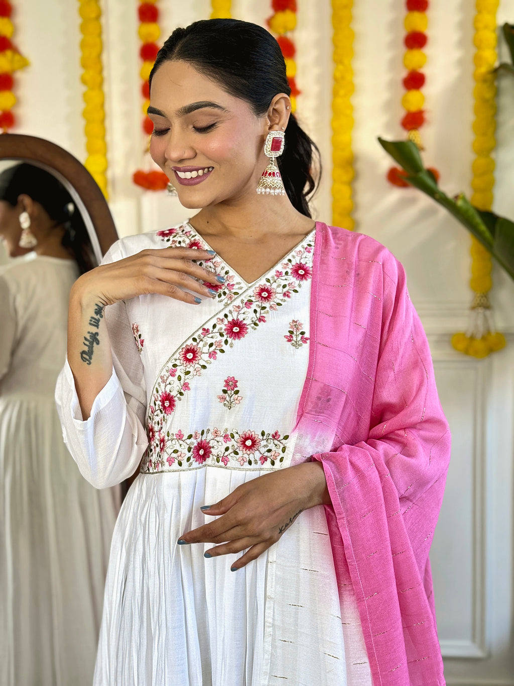 White Chanderi Embroidered Kurti Set with Pink Dupatta for Women