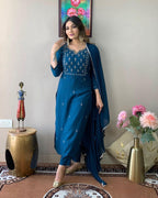 Teal Blue Rayon Slub Embroidered Kurti Set with Pant & Dupatta for Women