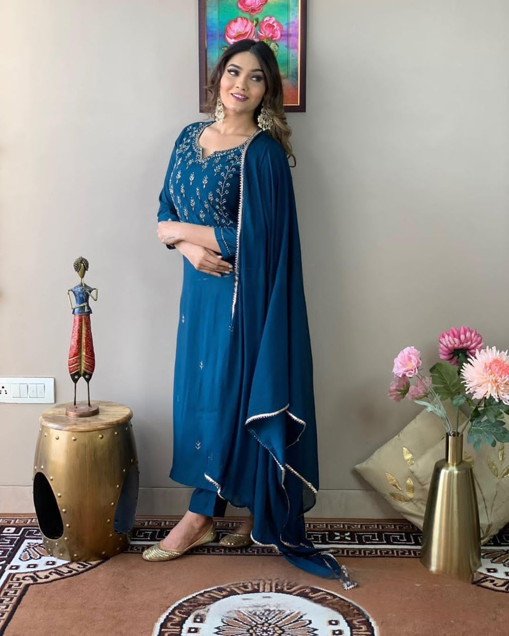 Teal Blue Rayon Slub Embroidered Kurti Set with Pant & Dupatta for Women