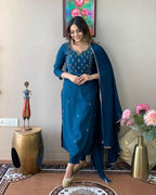 Teal Blue Rayon Slub Embroidered Kurti Set with Pant & Dupatta for Women