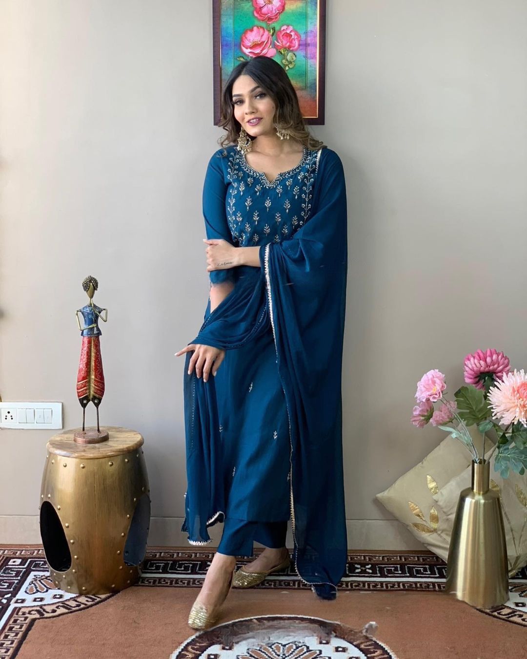 Teal Blue Rayon Slub Embroidered Kurti Set with Pant & Dupatta for Women