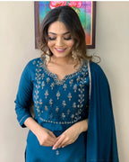 Teal Blue Rayon Slub Embroidered Kurti Set with Pant & Dupatta for Women
