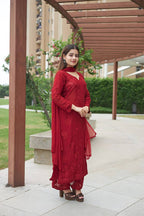 Red Faux Georgette Thread Embroidered Kurti Set with Pant & Dupatta for Women