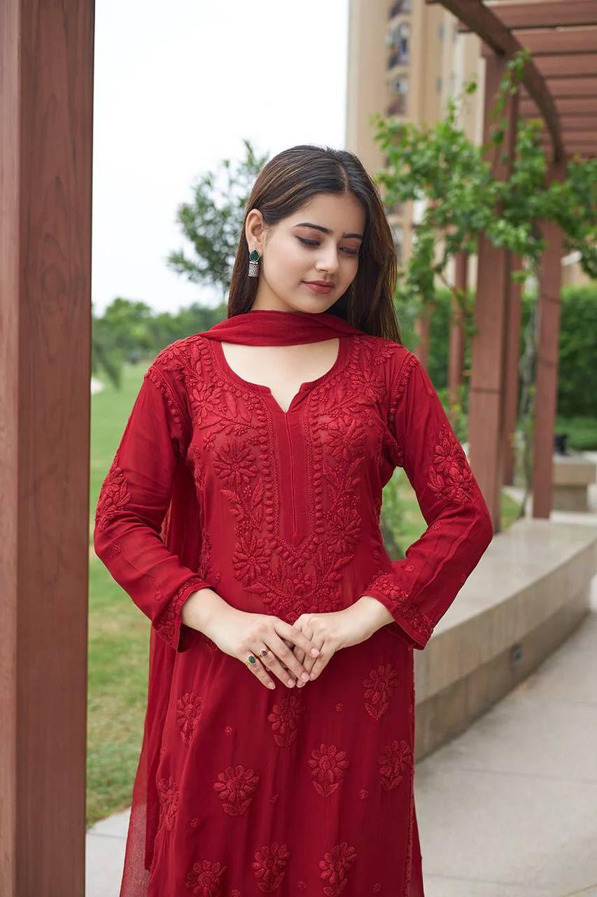 Red Faux Georgette Thread Embroidered Kurti Set with Pant & Dupatta for Women