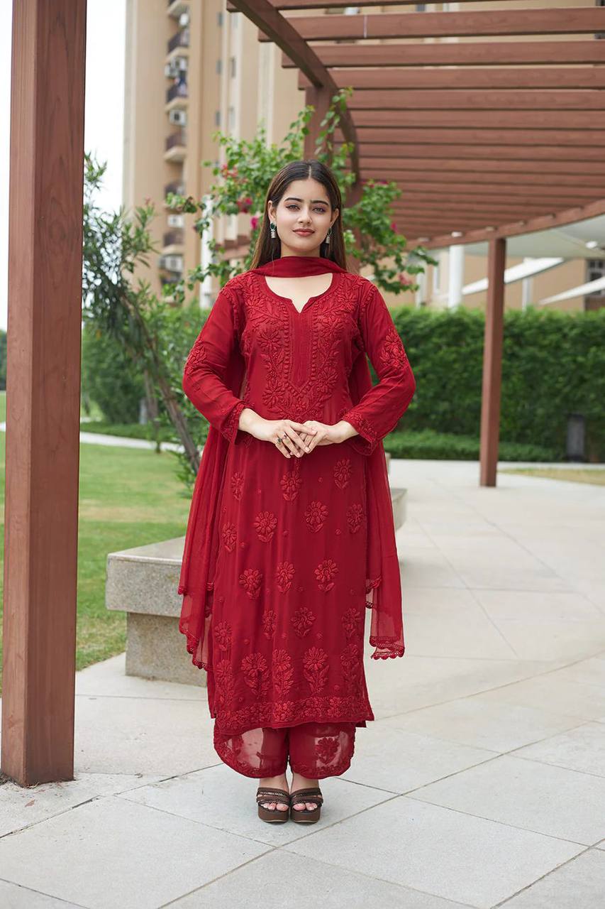 Red Faux Georgette Thread Embroidered Kurti Set with Pant & Dupatta for Women