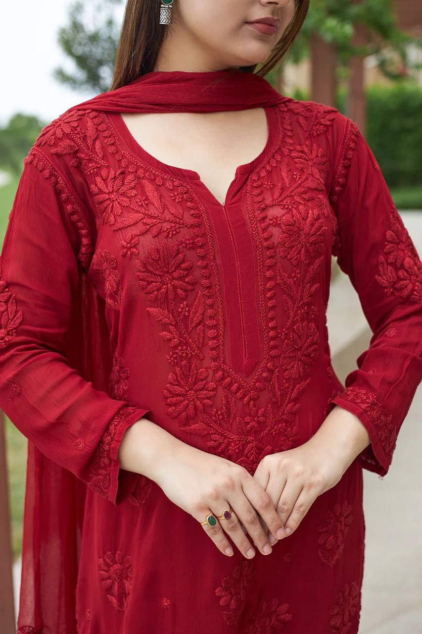 Red Faux Georgette Thread Embroidered Kurti Set with Pant & Dupatta for Women