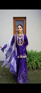 Purple Chinon Embroidered Kurti Set with Sharara & Dupatta for Women